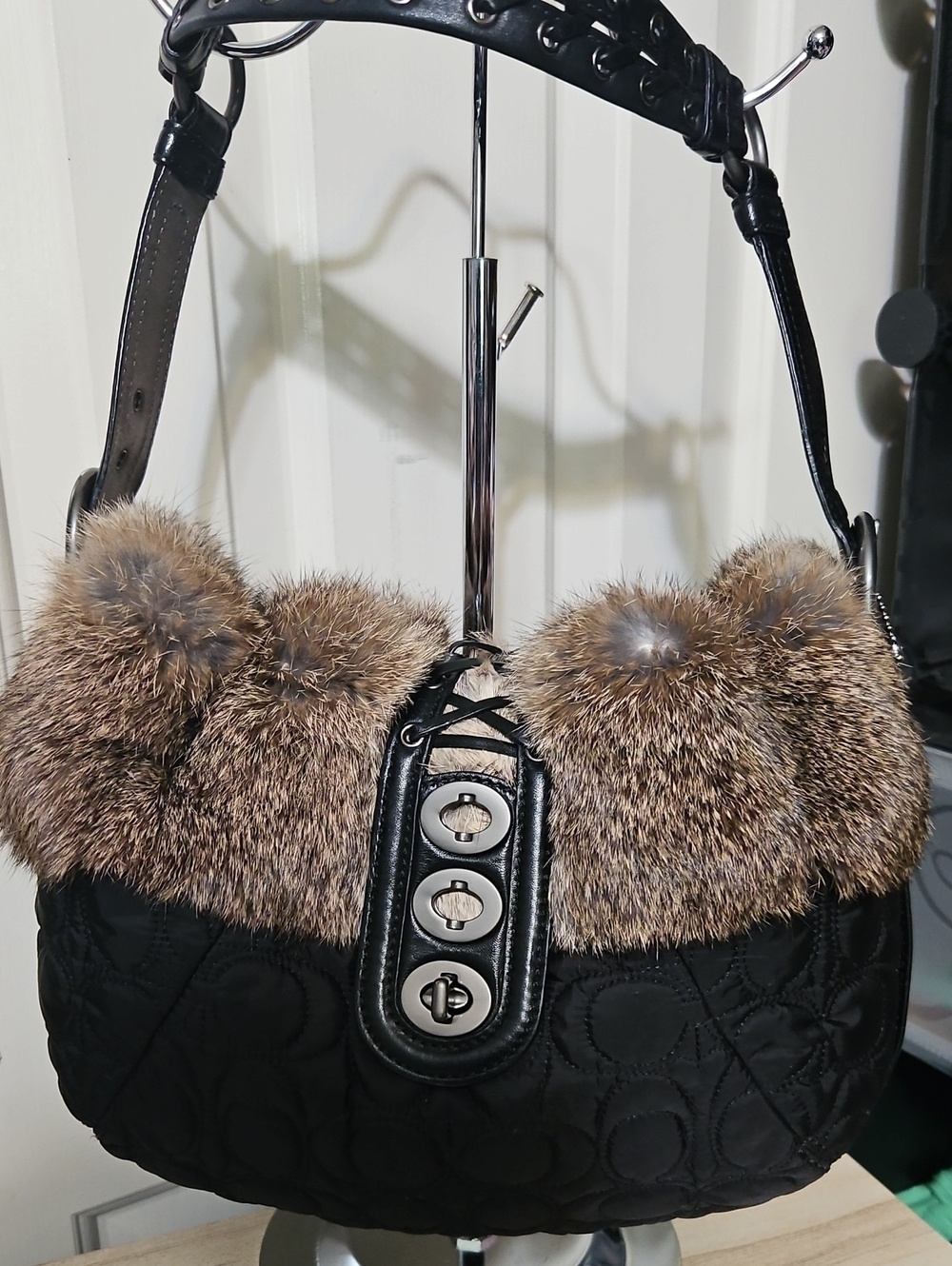 Coach EUC Y2K Black Quilted Shoulder Bag with Rabbit Fur Trim